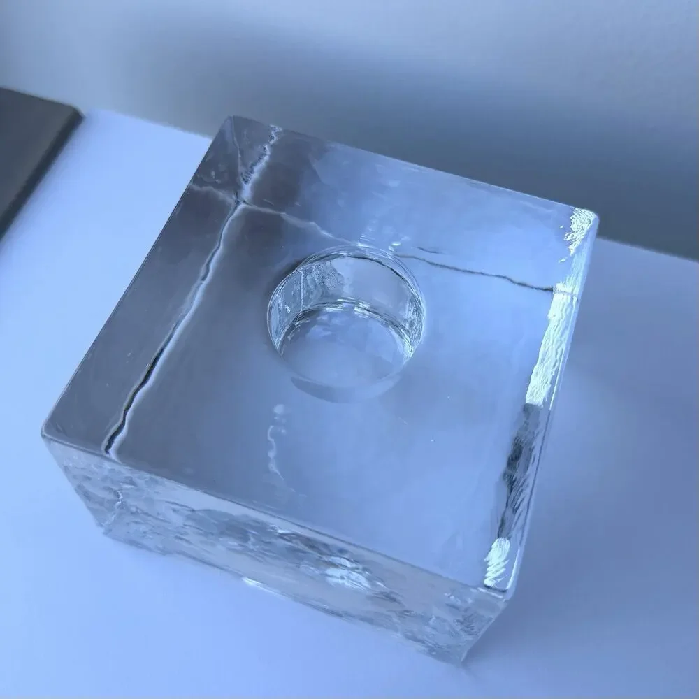 Simon Pearce Glass Woodbury Square Ice Cube Candlestick Holder 3 3/4” Textured